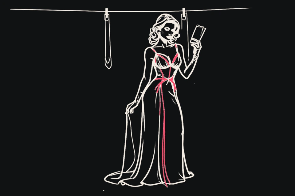 An elegant woman in an evening gown holds up a tag on a string