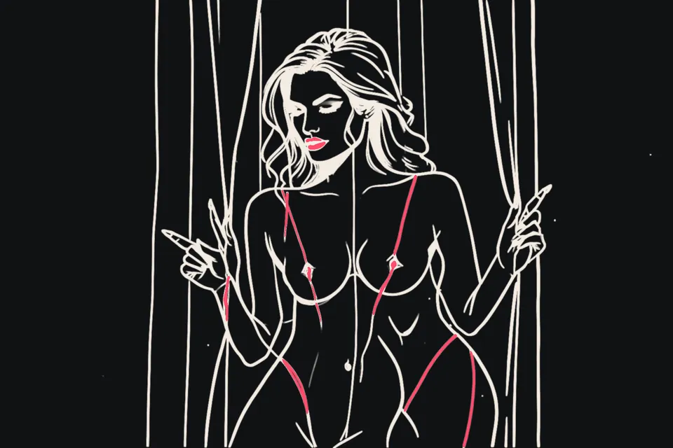 A woman peeks from behind a half-open curtain beside a sparkling diamond