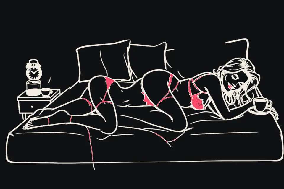 A woman lies on a bed beside a clock and empty coffee cups, still smiling