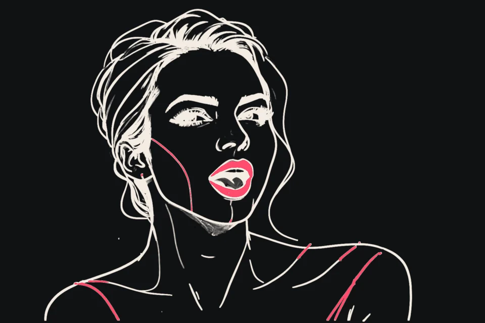 Close-up of a woman pulling an exaggerated ecstatic face