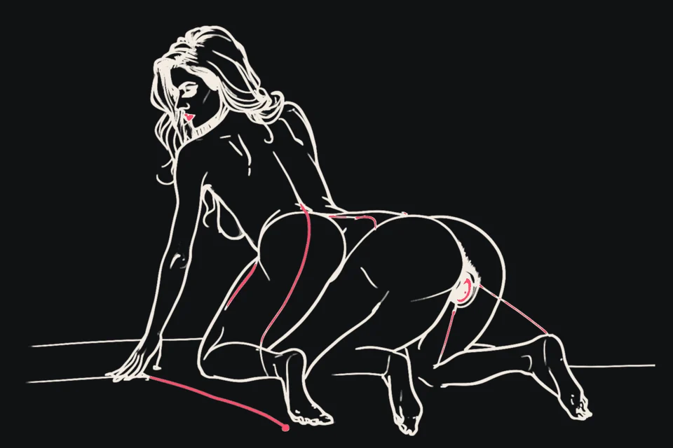 A woman on all fours looks back over her shoulder