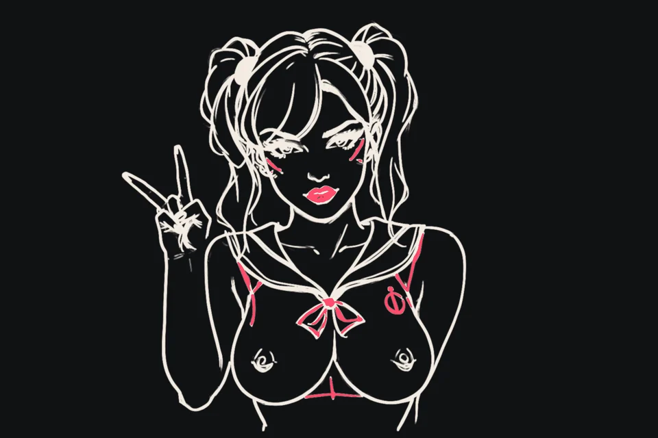 A woman with twin tails in a cosplay outfit makes a peace sign
