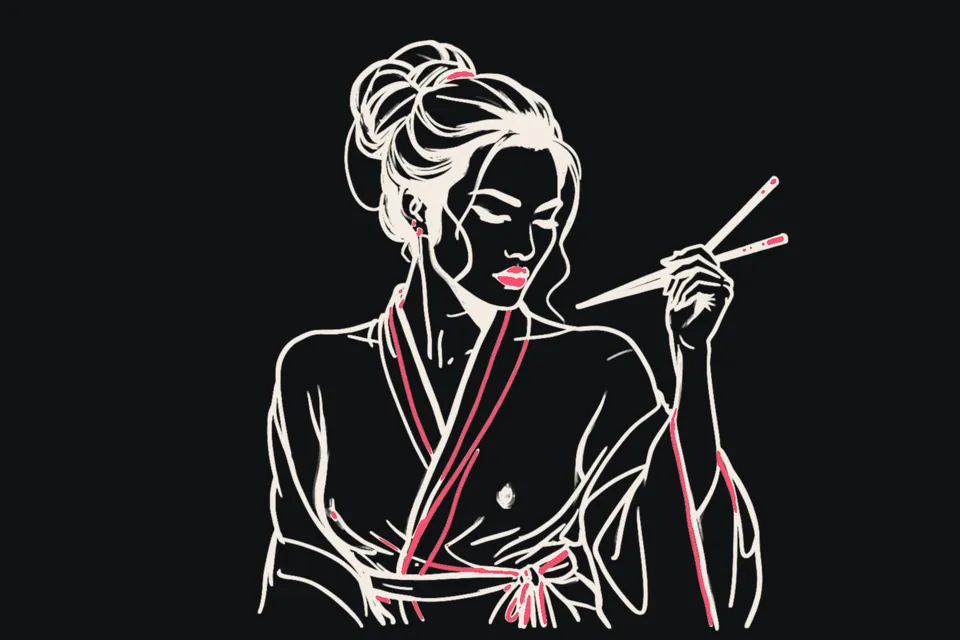 An Asian woman in a silk robe with her hair pinned up