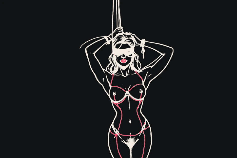 A blindfolded woman stands with her wrists cuffed above her head