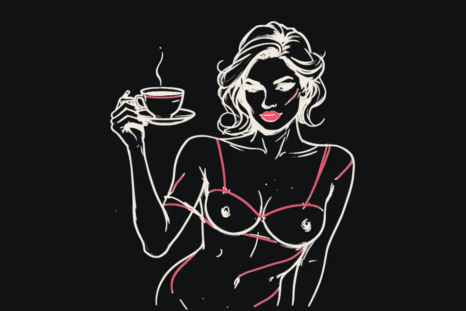 A woman holds a teacup with a flag over her shoulder