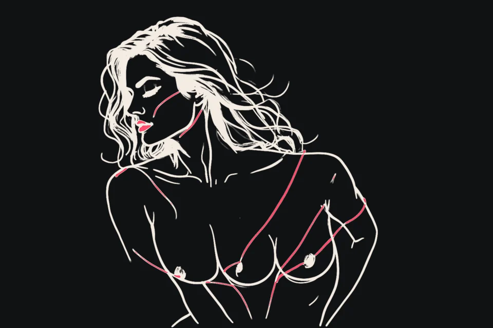 A dark-haired woman runs a hand through her hair