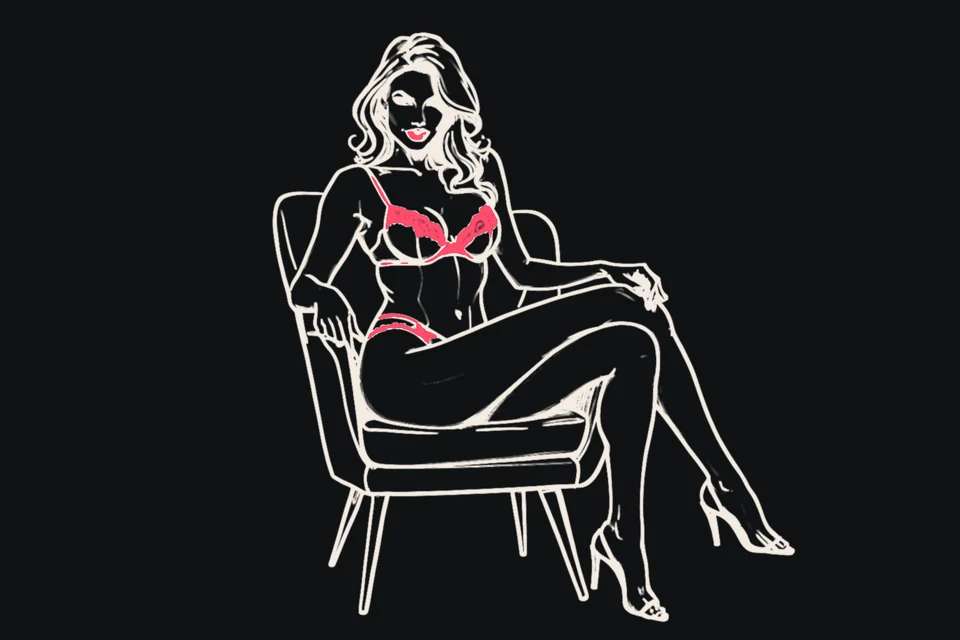 A woman in lingerie points a commanding finger at the viewer