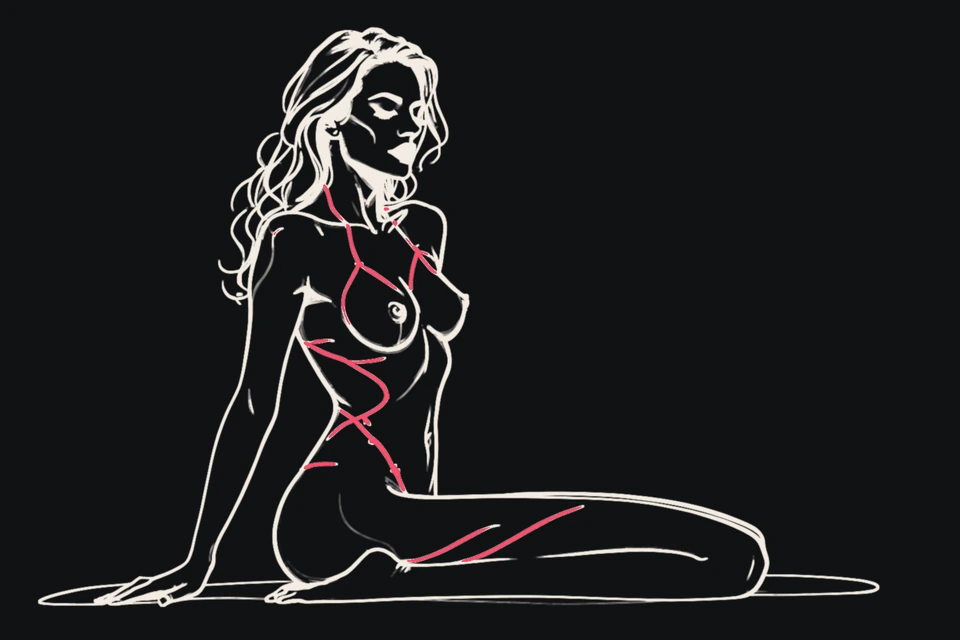 A kneeling woman tilts her head back with her eyes closed