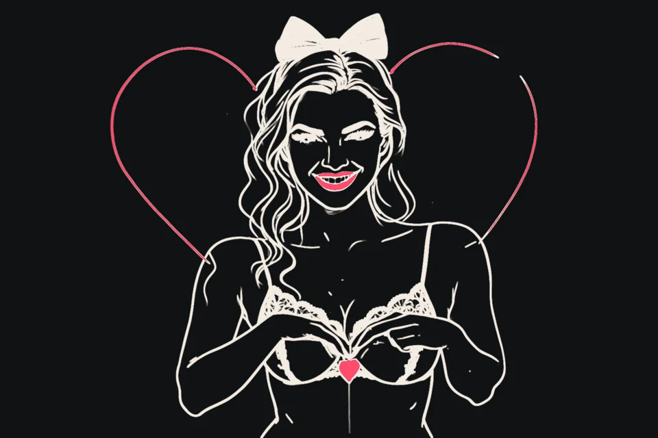 A smiling woman makes a heart shape with her hands