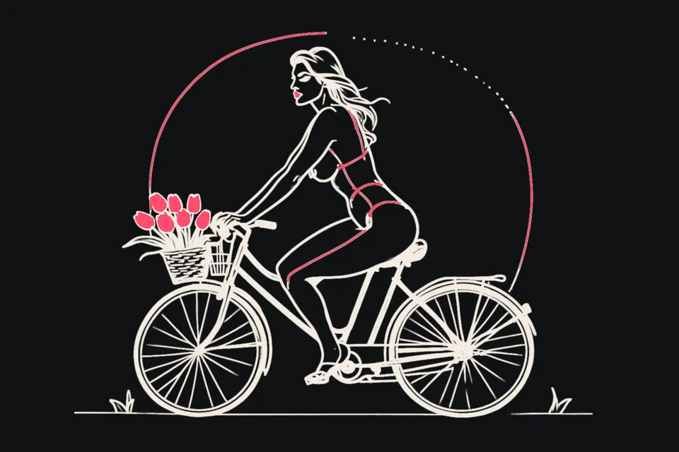 A woman rides a bicycle with tulips in the basket