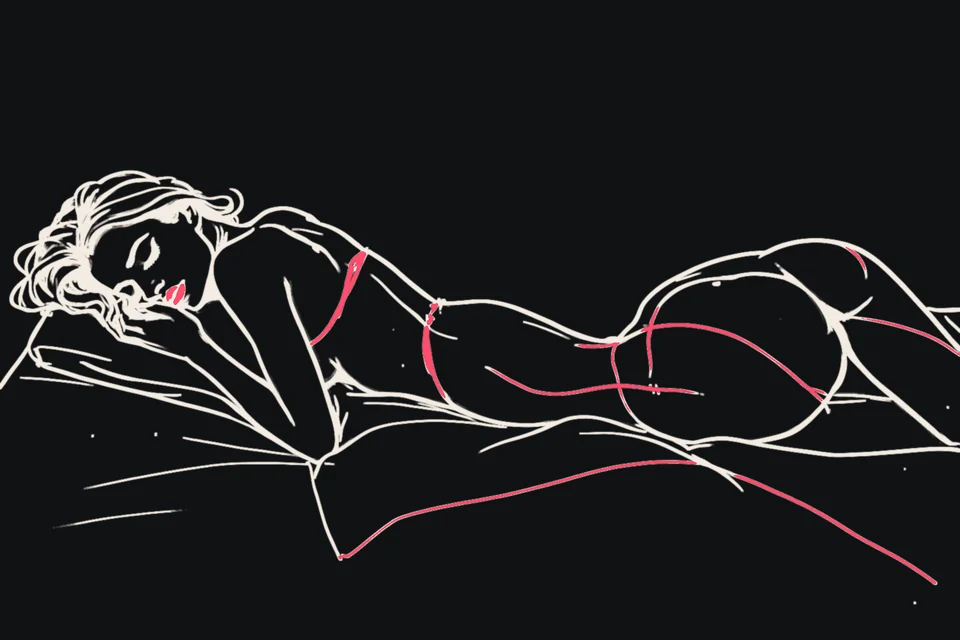 A woman grips the sheets with her eyes shut