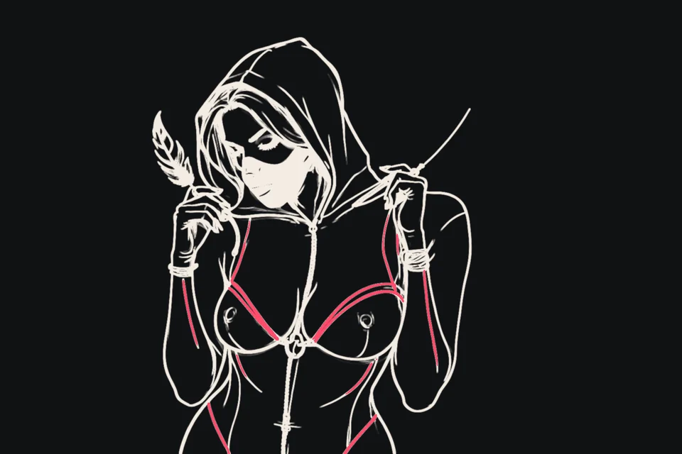 A woman in a catsuit holds handcuffs and a feather