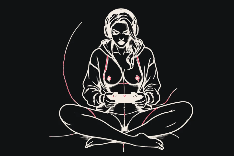 A woman in a gaming headset holds a controller