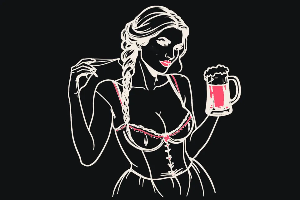 A woman with braided hair raises a beer stein