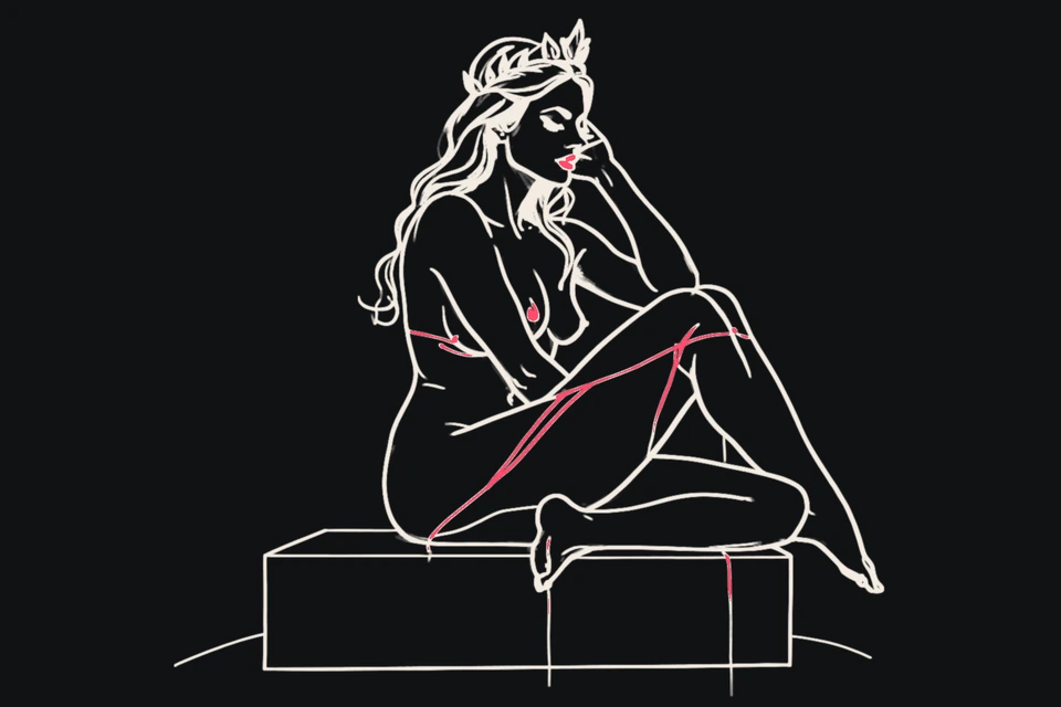 A woman with a laurel crown sits on a pedestal