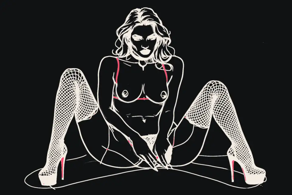 A goth woman in fishnets and platform boots sits on the floor