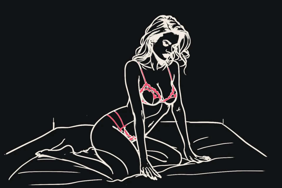 A woman in lingerie leans forward counting on her fingers