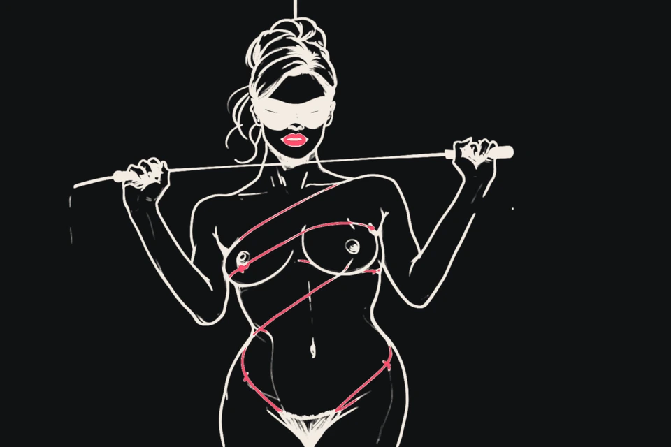 A woman with a blindfold pushed up holds a paddle behind her back
