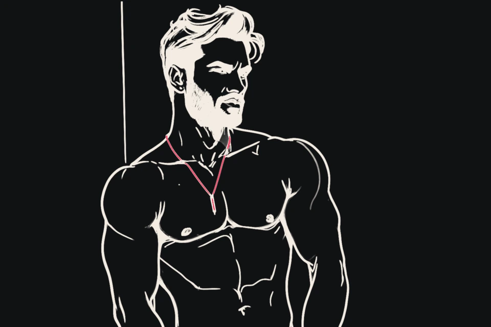 A muscular Latino man leans against a wall