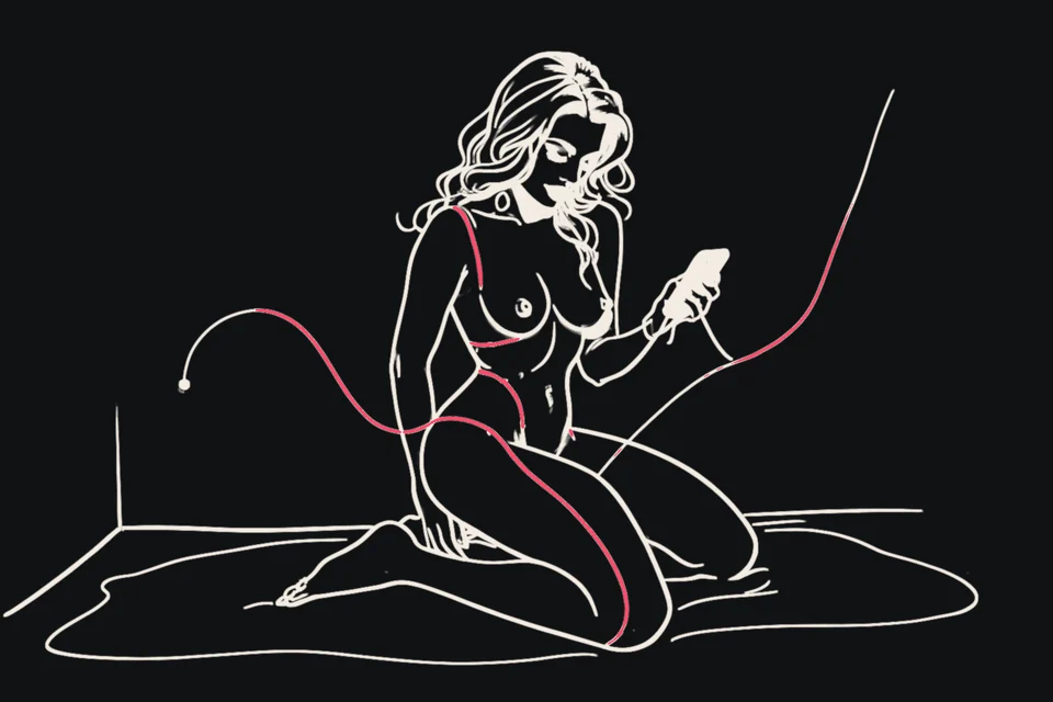 A woman kneels on a bed beside a phone sending ripple waves