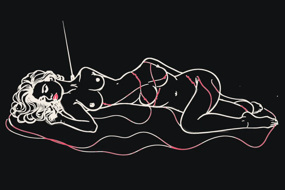 A woman lies on her side with ripple waves around her hips