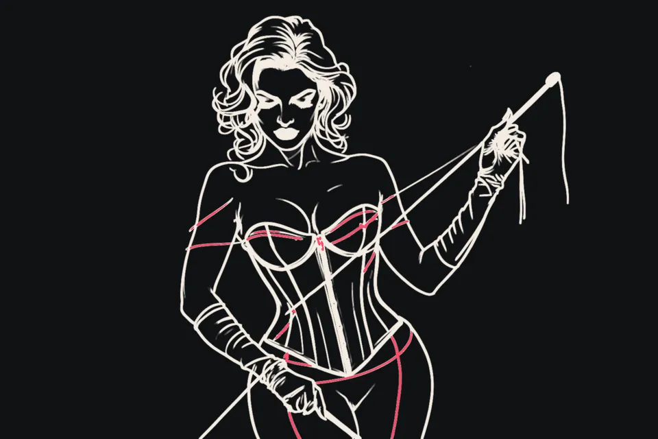 A stern woman in a corset holds a riding crop