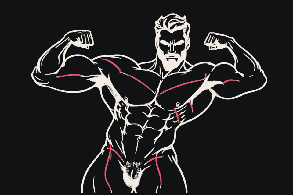 A bodybuilder flexes both arms