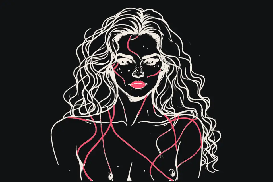 A freckled woman with long curly red hair