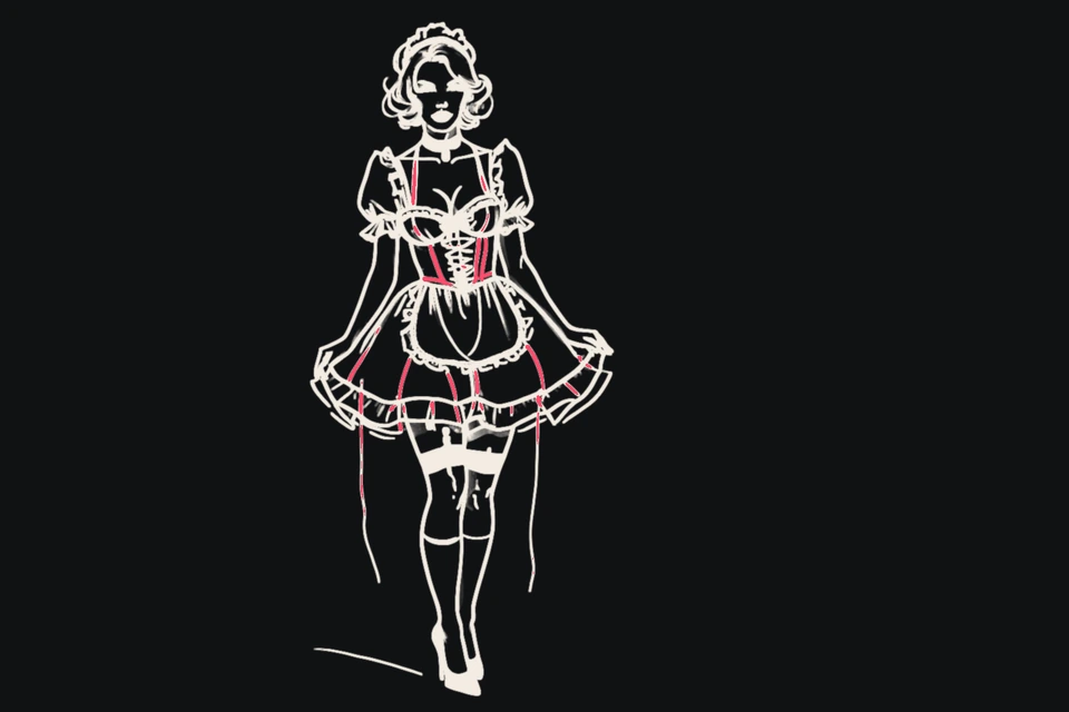 A man in a frilly maid dress curtsies