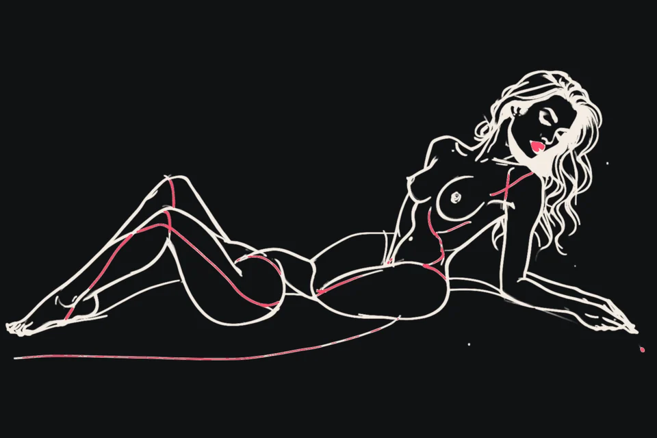A slender woman lies on her side