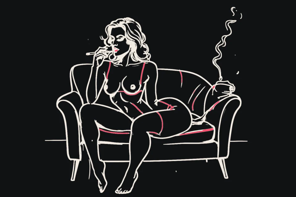 A woman in an armchair smokes with a curl of smoke rising
