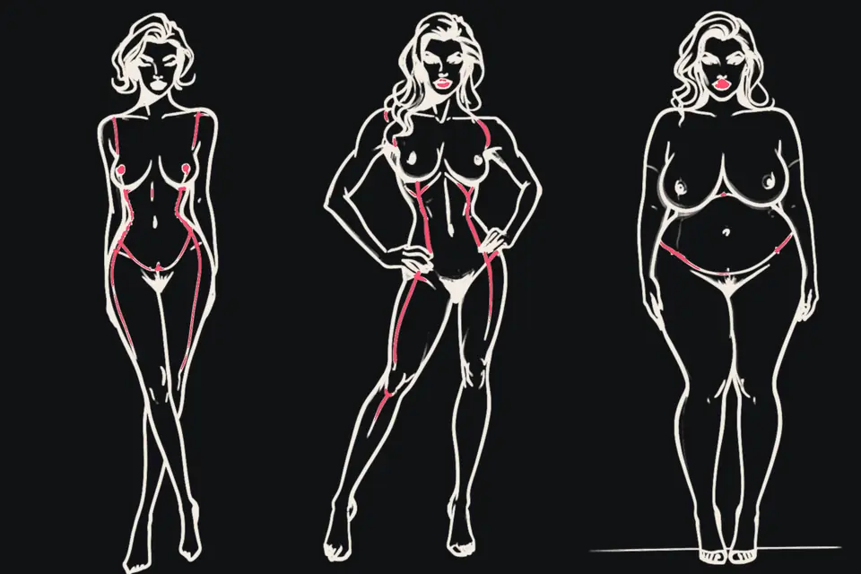 Three women with different builds stand side by side