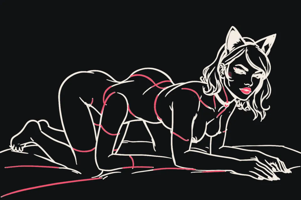A woman with cat ears and a choker poses playfully on a bed
