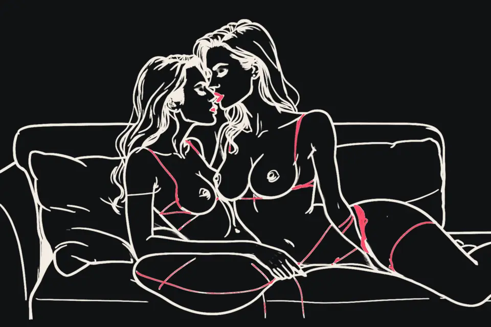 Two women kiss on a sofa