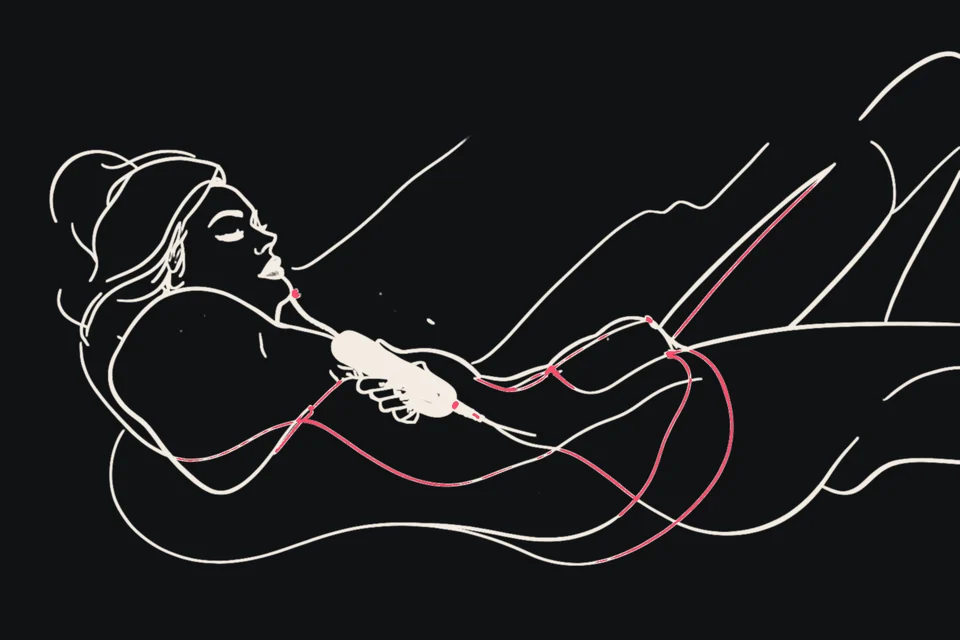 A hand holds a toy beside a remote control and a phone sending ripple waves